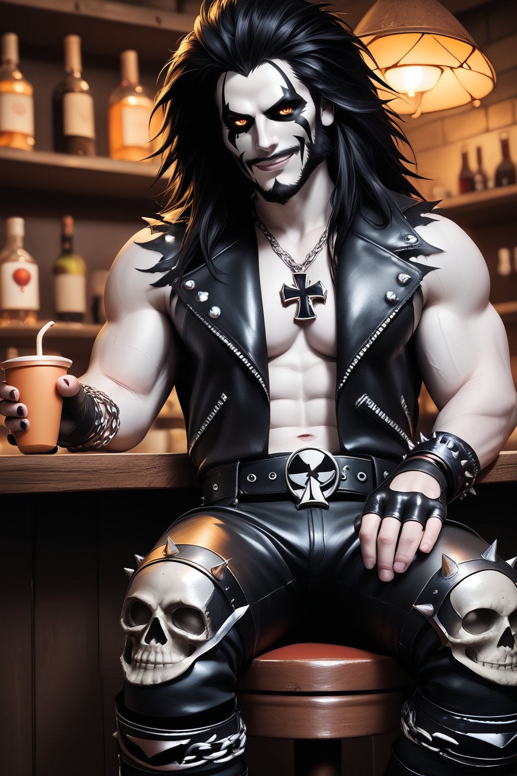 score_9, score_8_up, score_7_up, masterpiece, high quality, realistic <lora:LoboPonyLora:0.8> lbo, pale skin, long hair, face paint, full beard, leather vest, fingerless gloves, chains, skulls, belt, leather pants, knee pads, iron cross necklace, buckle, spikes, shirtless, sitting in a cafe holding a cup of tea, smile