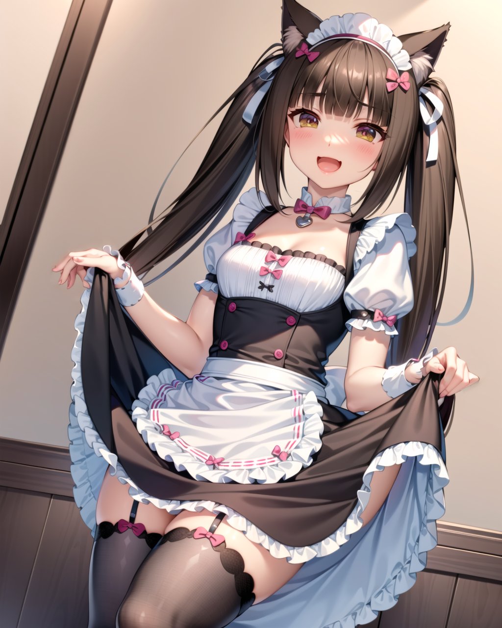 ((masterpiece)), ((best quality)), ((highres)), ((extremely detailed CG unity 8k wallpaper)), solo, <lora:chocola:0.9>, chocola_neko, chocola uniform, black cat stockings, indoors, smile, open mouth, brown tail, cat eyes, cat pupils, slit pupils