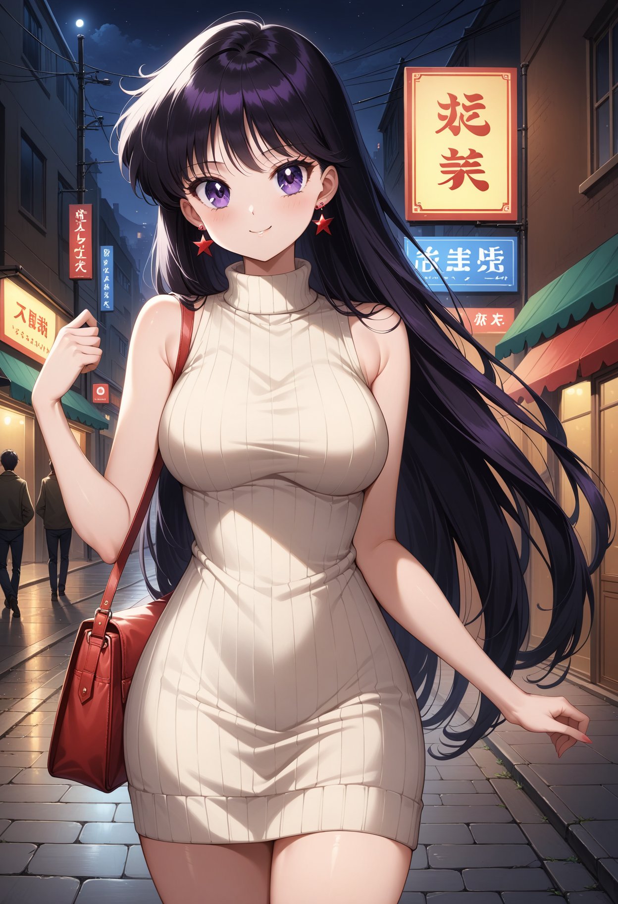 (masterpiece, best quality, very aesthetic, ultra detailed), intricate details, 4k, aamars, long hair, black hair, earrings, <lora:sailor_mars_animaginexl_v1:0.9>, ribbed sweater, sweater dress, sleeveless, turtleneck, shoulder bag, smile, night, street, standing, cowboy shot,