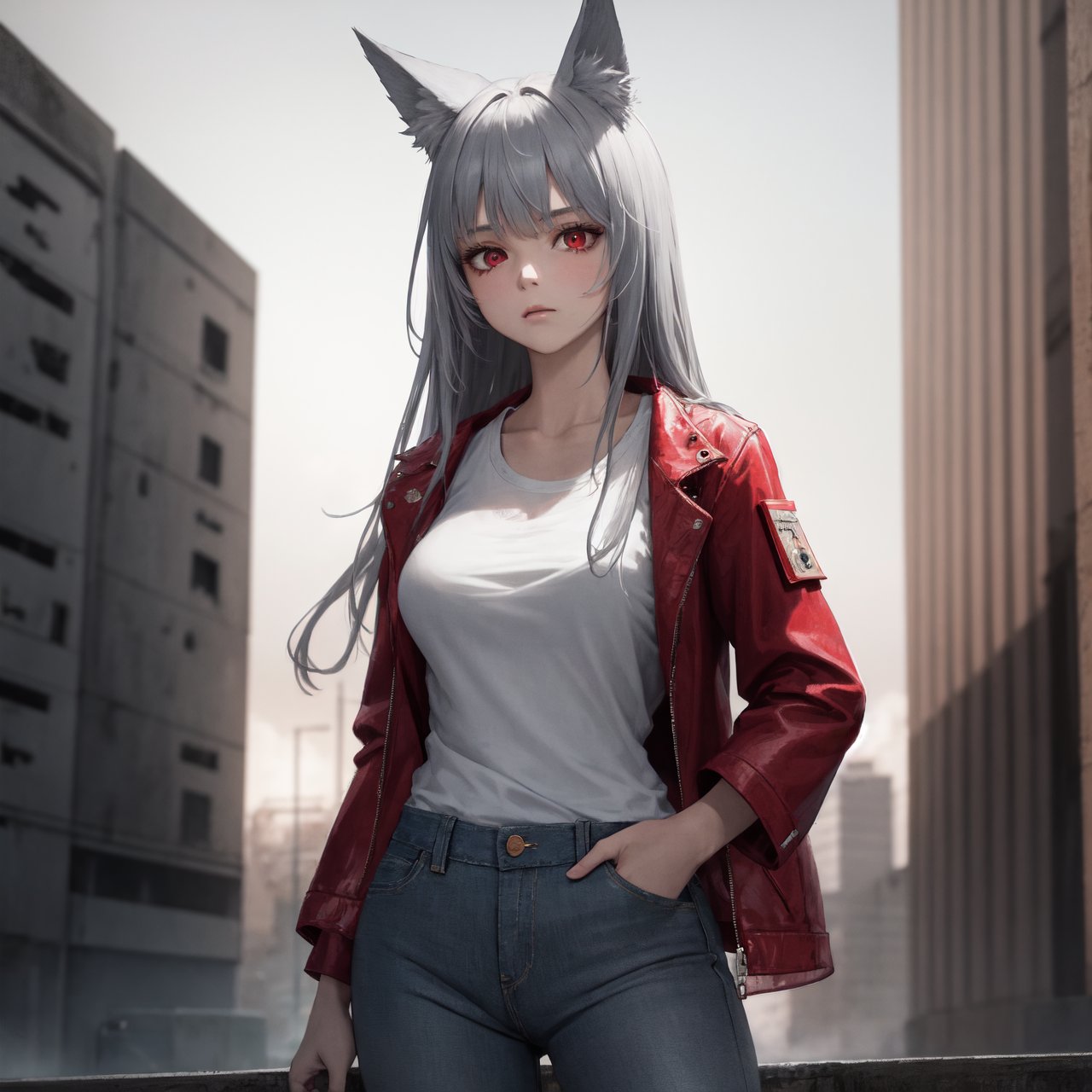 (masterpiece),  (best quality),  (intricate),  (extremely detailed),  (absurdres),  8k,  1girl,  (long gray hair),  red eyes,  fox ears,  {wearing white sleeveless t-shirt,  red sleeved jacket,  jeans},  poker face,  closed mouth,  (solo female),  barren lands,  post-apocalyptic,  medium shot