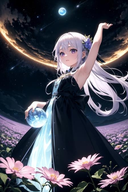 ((Fisheye lens view)), stretching the expanse of an alien landscape into an encompassing, distorted panorama.Centered in the field is a ((lone young woman)), dressed in a flowing silver gown that shimmers with a luminescence of its own. Her hair is loose, floating around her as if defying gravity.She stands amidst a ((field of alien flowers)), in shades of neon blues, purples, and pinks. The flowers should have an otherworldly design - think bio-luminescence, unusual petals, and surreal shapes.Above, the ((sky)) is a deep indigo, scattered with constellations unfamiliar to our earthly gaze. A large exoplanet is visible in the sky, partially bathed in the light of a distant star, creating an awe-inspiring celestial view.The woman is reaching out to a ((hovering creature)), a cross between a bird and a butterfly, with bioluminescent wings and eyes that match the neon flowers.The ((atmospheric glow)) casts a surreal but beautiful illumination, causing the woman, the creature, and the flowers to glow softly.((Emphasize the wonder)) in the woman's expression, the delicate interaction between her and the creature, and the vivid colors and surreal beauty of the alien landscape.((Exceptional quality)), (Masterpiece), (8k CG wallpaper), ((the dreamer in an alien flower field)).