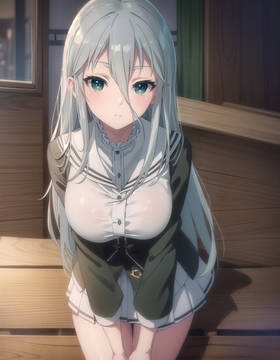 gekkosenko, <lora:sk gekko senko s1-lora-nochekaiser:1>,senko, long hair, hair between eyes, (green eyes:1.3), grey hair,BREAK bow, school uniform, serafuku, long sleeves, puffy sleeves, grey serafuku,BREAK indoors, classroom,BREAK looking at viewer, (cowboy shot:1.5),BREAK <lyco:GoodHands-beta2:1>, (masterpiece:1.2), best quality, high resolution, unity 8k wallpaper, (illustration:0.8), (beautiful detailed eyes:1.6), extremely detailed face, perfect lighting, extremely detailed CG, (perfect hands, perfect anatomy),