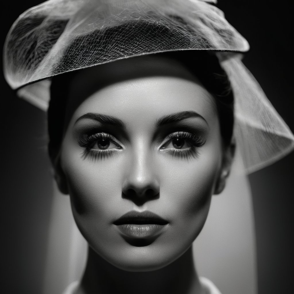 cinematic film still of  <lora:Butterfly Lighting style:1>Butterfly lighting photography of a woman with a hat and veil on her head,1girl,solo,looking at viewer,short hair,simple background,closed mouth,monochrome,greyscale,lips,eyelashes,portrait , nose shadow, realistic, realism, photorealism, hyperrealism, hyperrealistic, realistic, sharp, detailed, cinematography style, film light style, movie still,  professional photography, artistic, perfection, contrast, cinematic, filmic, high quality photo,  8k quality, colorful, nose covered in shadow, photography style, butterfly lighting style, shallow depth of field, vignette, highly detailed, high budget, bokeh, cinemascope, moody, epic, gorgeous, film grain, grainy