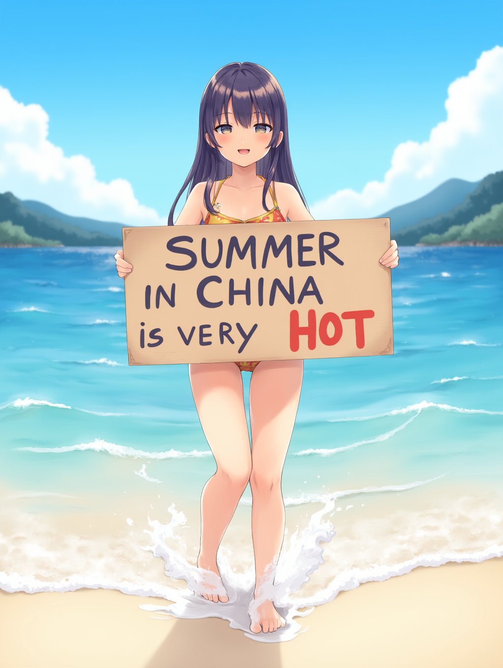 <lora:kedama-000019:0.95>,kedamamilk,girl in a school swinsuit stands at the beach,holding a sign that says ‘Summer in China is very Hot’ in bold,playful letters. She’s smiling brightly under the blazing sun,with her feet splashing in the shallow waves. The girl’s swimsuit is vibrant and summery,matching the lively atmosphere of a sunny day by the sea. The clear blue sky,sparkling ocean,and distant mountains create a typical Japanese summer scene. The sign she’s holding is hand-written,with the message emphasizing the intense heat of summer. The overall vibe is fun and carefree,capturing the essence of a hot summer day at the beach,