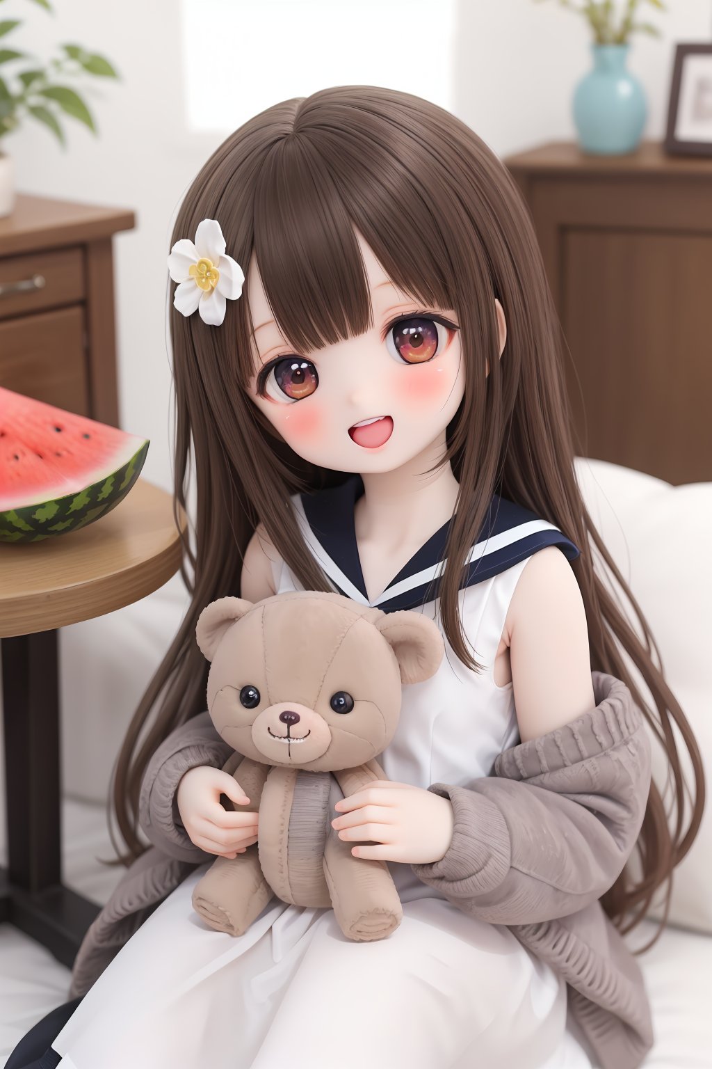 1girl, stuffed toy, hair ornament, brown hair, hair flower, food, stuffed animal, flower, looking at viewer, smile, solo, long hair, open mouth, sitting, fruit, hairclip, virtual youtuber, dress, female child, blush, white dress, table, cardigan, off shoulder, bangs, holding, :d, sleeveless, sailor collar, plate, teeth, watermelon, indoors, upper teeth only, doll, BJD, dtghdg254793, stfhgd796we2, adsderl931sq, cute