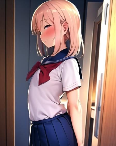 (pija pianissimo), 1girl, blush, smile, cowboy shot, dynamic angle, arms behind back, small breasts, looking_at_viewer, school_uniform, shirt, skirt,  <hypernet:pija-23200:1>