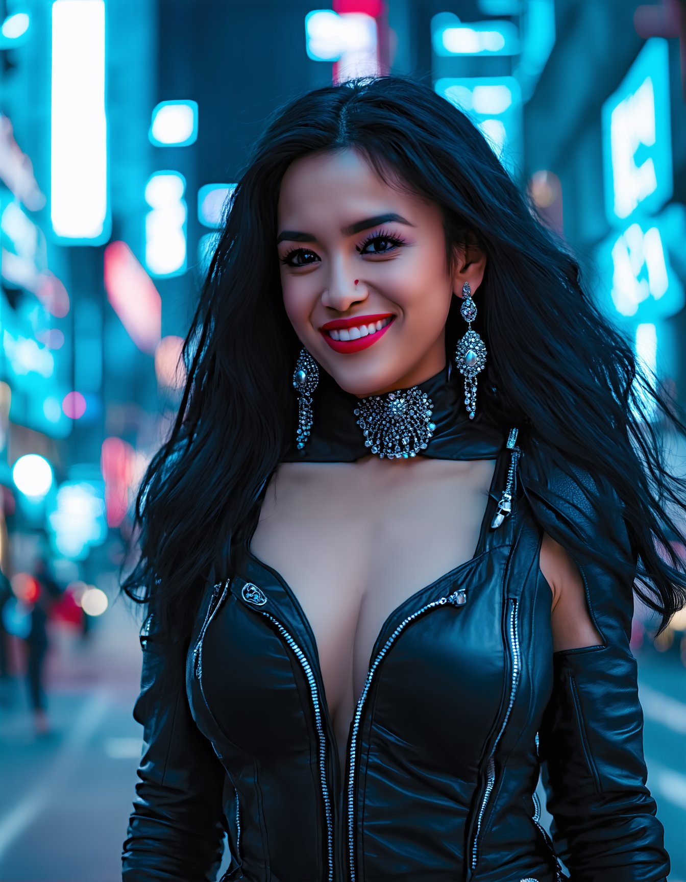 best quality,4k,8k,highres,masterpiece,ultra-detailed, woman, long hair, looking at viewer, smile, black hair, jewelry, cowboy shot, earrings, solo focus, nail polish, mole, blurry, grin, lips, blurry background, makeup, bodysuit, lipstick, zipper, curly hair, city, realistic, cyberpunk, neon lights, SD3_cartoon_ep10.safetensors