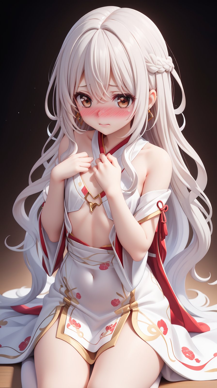 (wavy hair:1.2), (Very long hair:1.3), (Red layer), (Aesthetic medium chest:1.2), masterpiece, best quality, Solo, hair above cheeks, diamond earrings, Circle dress:1.2), Anime print on clothes, White clothes, (Embarrassed:1.6), (Nose blush:1.34), (Small chest:1.1), (Brown hair:1.5), (white hair:1.5), (gradient hair:1.4), (Highlighting:1.2), (Hanfu doll choli dress)