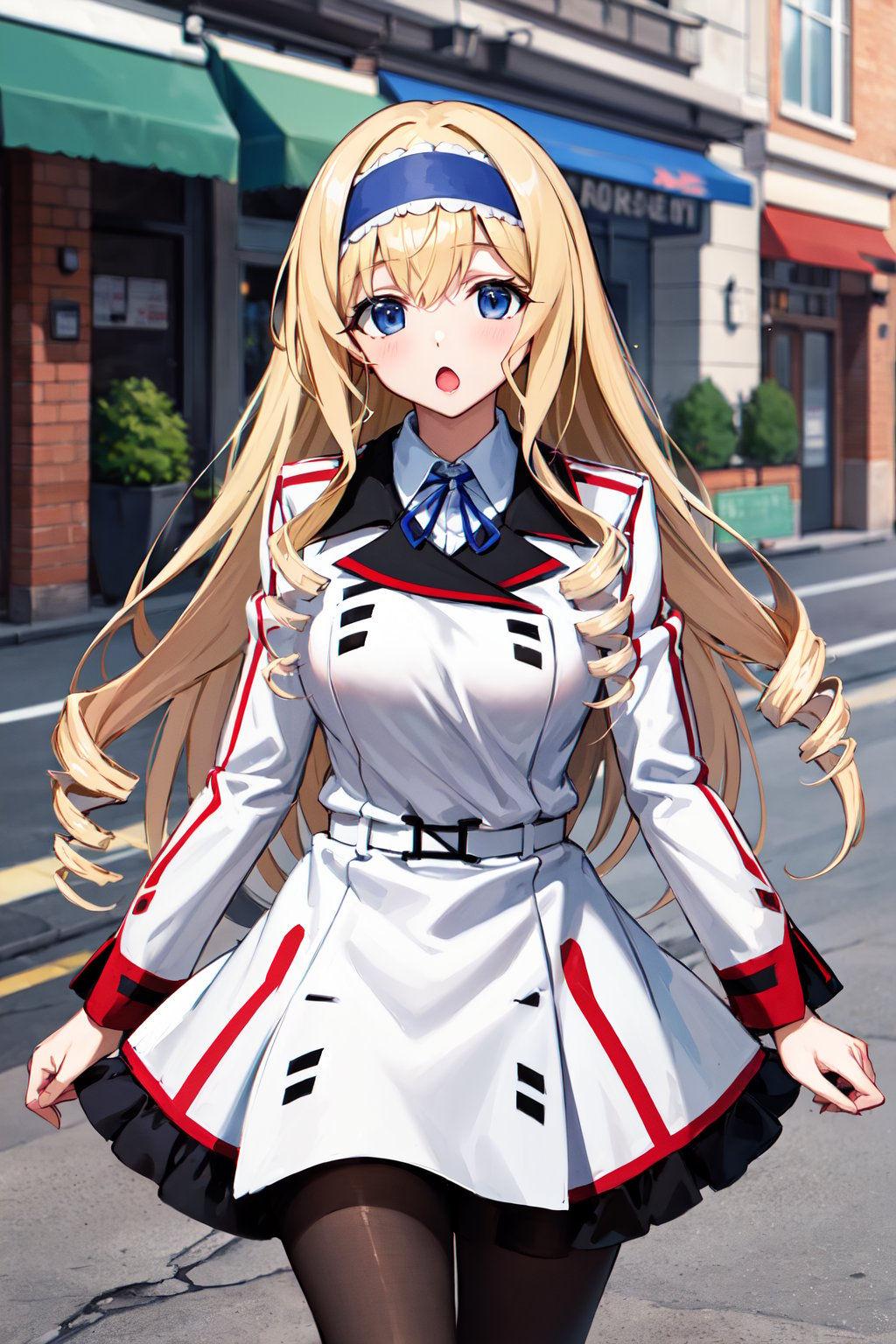 masterpiece, best quality, highres,  aacecilia, very long hair, curly hair, drill hair, blue hairband, school uniform, white jacket, white dress, long sleeves, belt, black pantyhose, <lora:cecilia_alcott_v1:0.7>,  :o, walking, street, cowboy shot,