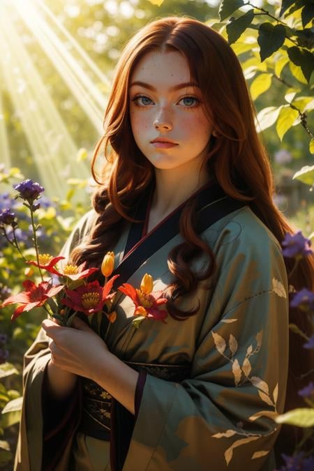 <lora:detail_slider_v4:1>masterpiece, high quality,   <lora:FreckledV:0.7> Fr3ckles, freckles, long hair, ginger hair,  grey eyes,  kitsune, light rays, leaves, flowers