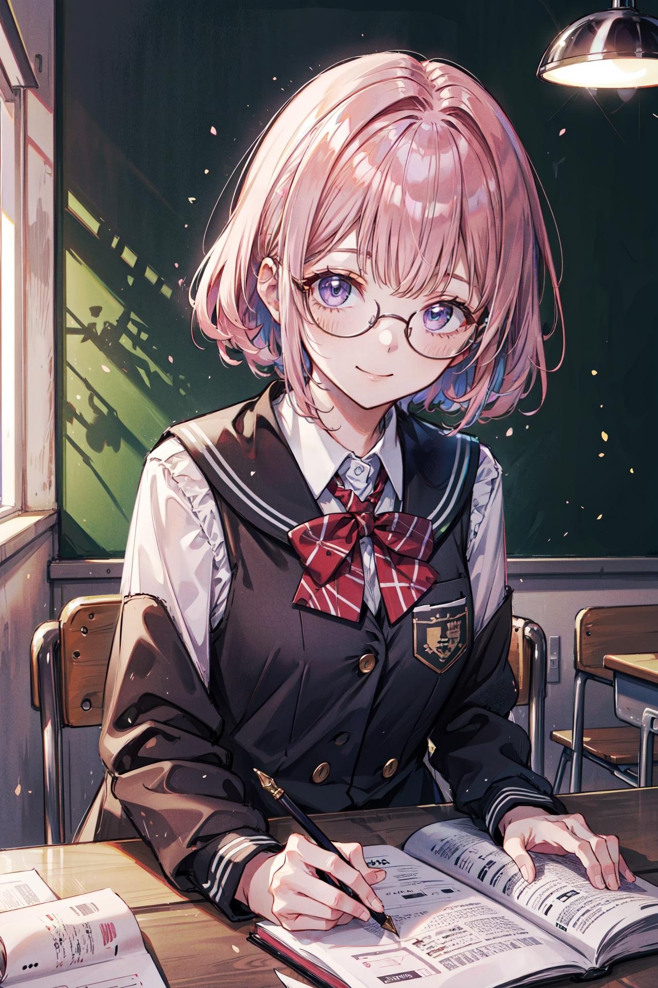 ((best quality, masterpiece, absurbres, super-resolution)), school uniform, classroom, jk, dynamic angle, studying, megane