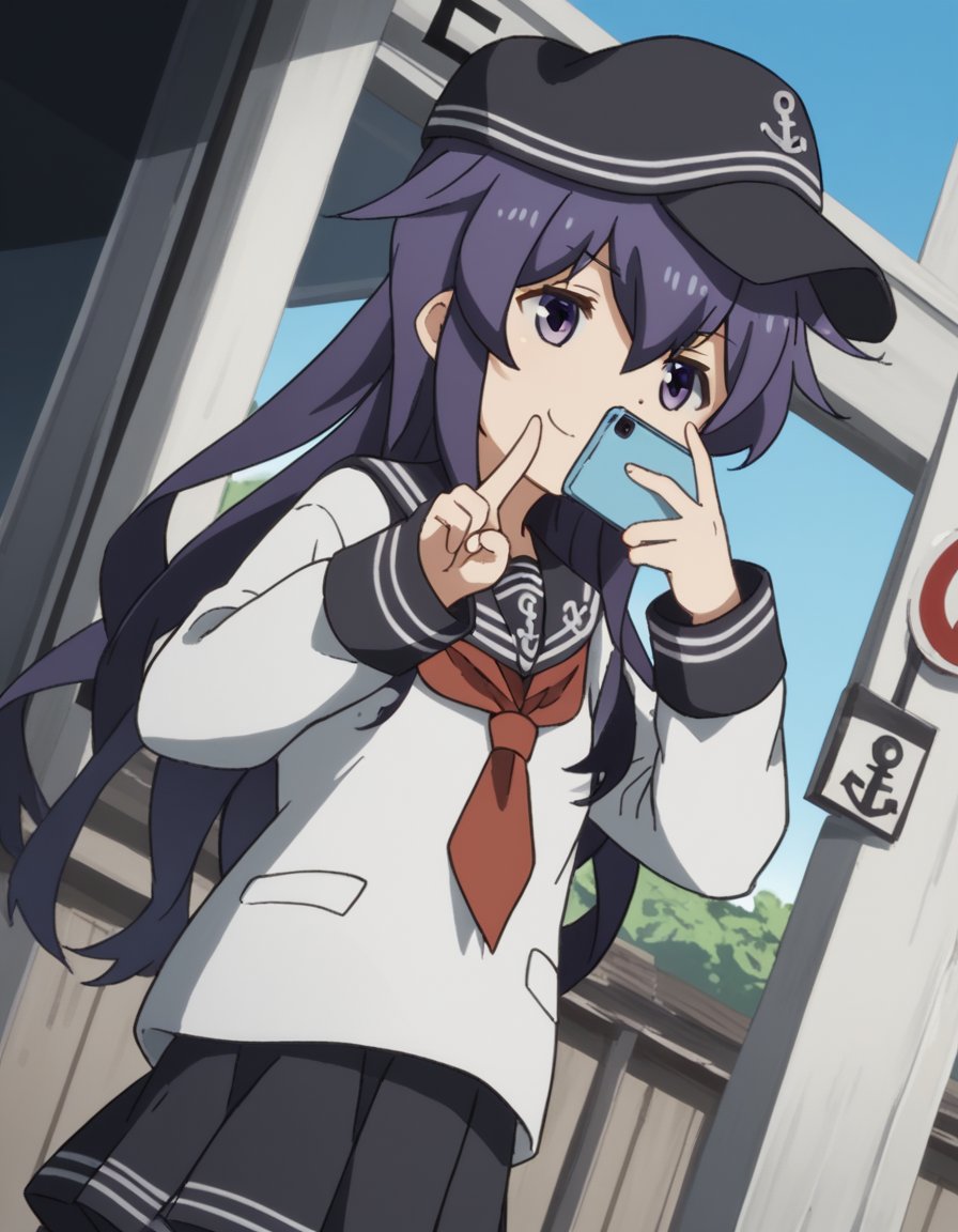 score_9, score_8_up, score_7_up, source_anime, <lora:kancolle-akatsuki-s1-ponyxl-lora-nochekaiser:1>, akatsuki, long hair, hair between eyes, purple eyes, purple hair, akatsuki (kancolle), skirt, shirt, long sleeves, hat, school uniform, pantyhose, pleated skirt, serafuku, black skirt, sailor collar, neckerchief, black pantyhose, red neckerchief, anchor symbol, flat cap,, bus stop, waiting, commuter, smartphone, checking time, cold morning, , , v, v over mouth, smug,, solo,, cowboy shot, dutch angle