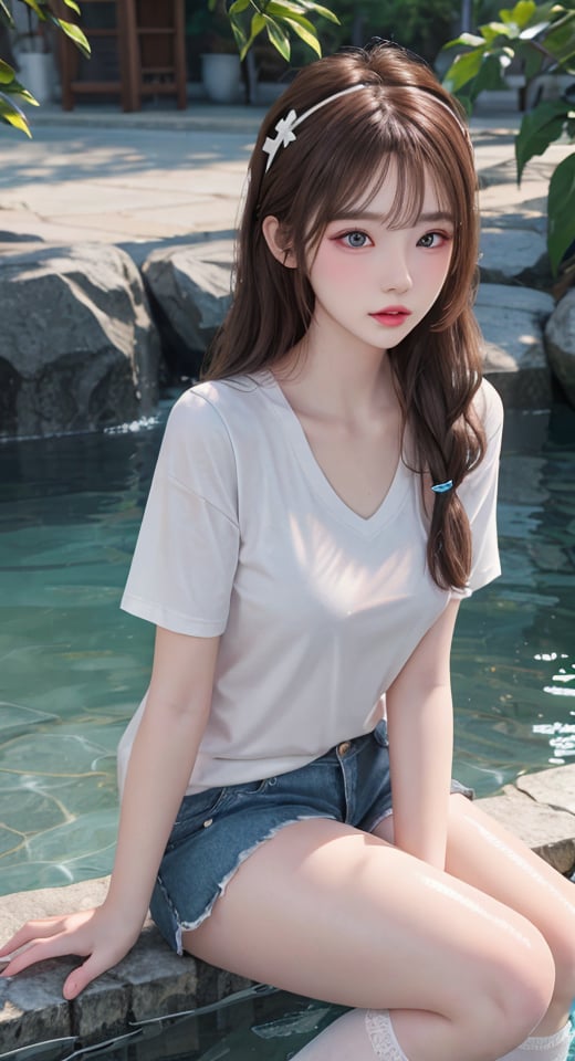 1 Girl, 12 years old, Laurie, cute, baby face, pure, solo, delicate face, delicate facial features, shiny big eyes, gentle lips, light lips, Double horsetail, hair accessories, (powder blusher: 1.2), pale and shiny skin, perfect body, outdoor, 4K, 8K, best quality, masterpiece, ultra-high resolution，3D rendering，Full body shot, full body image,Wear a shorts, t-shirt, t-shirt, white stockings, hair accessories, and sit in the water