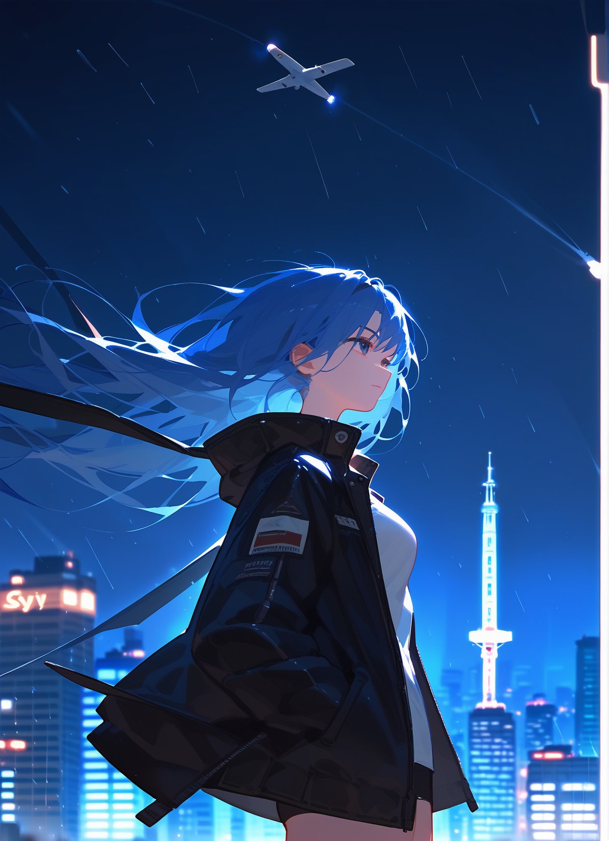 (score_9,score_8_up,score_7_up),1girl,long hair,aircraft,night,solo,jacket,building,city,outdoors,black jacket,open clothes,open jacket,skyscraper,breasts,sky,shirt,hands in pockets,standing,white shirt,floating hair,cityscape,bangs,airplane,closed mouth,blue theme,long sleeves,from side,medium breasts,wind,cowboy shot,city lights,from below,night sky,scenery,profile,expressionless,rain,