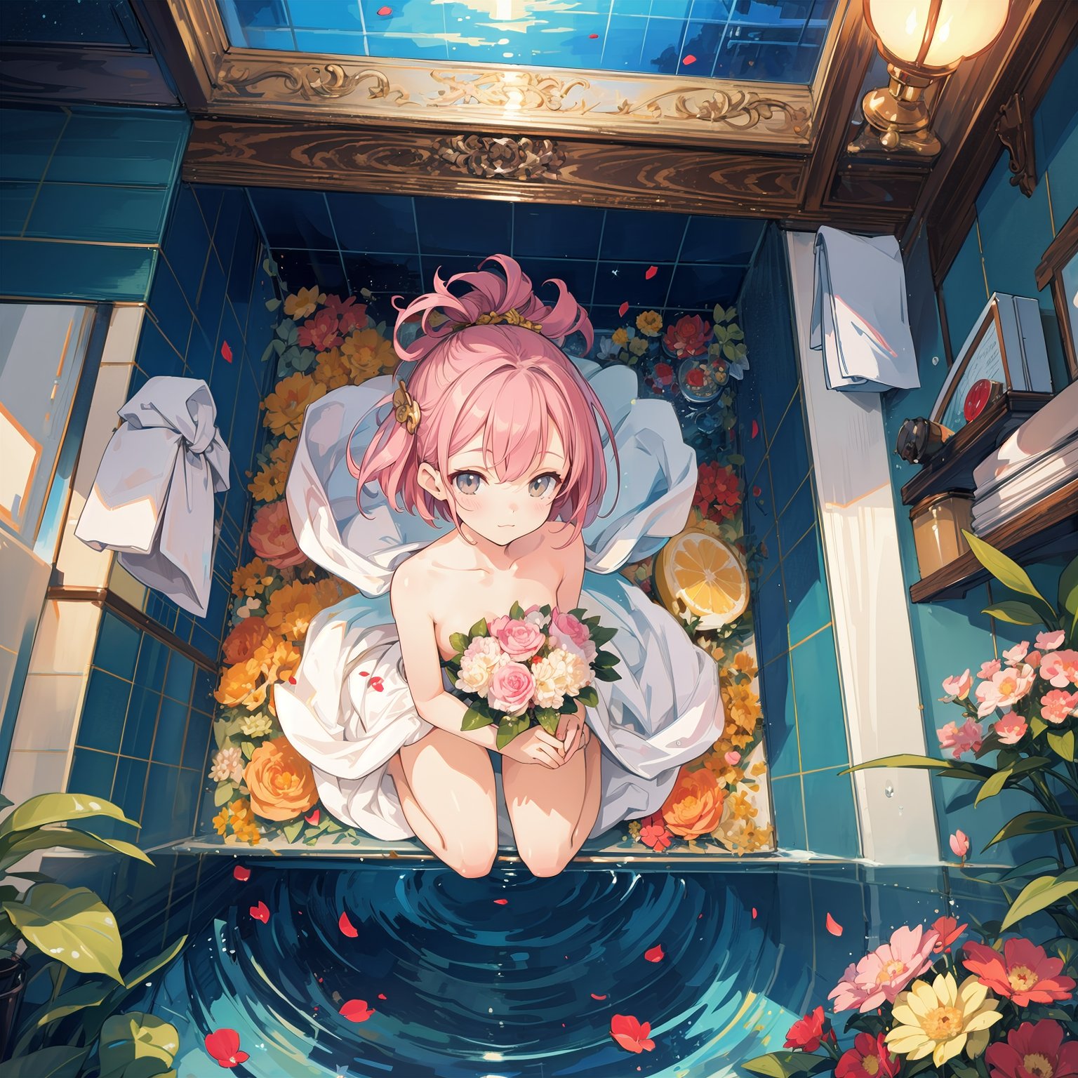 top quality, official art, (beautiful and aesthetic:1.2), extreme detailed,colorful,highest detailed, offical art, an extremely delicate and beautiful, intricate,colorful,detailed and intricate background,perfect mechanism,perfect perspective,8k, high_resolution,distinct_image,extremely detailed CG,, bathroom,bath,monitor,wet,girls,chibi,looking at viewer,smile,seiza,no shoes,towel,naked towel,partially submerged,bouquet,petal,