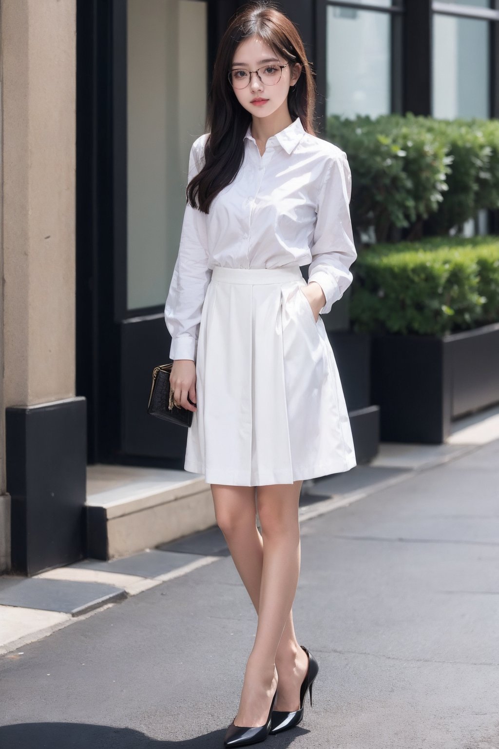 1girl, solo, white shirt, upper body, glasses, (from side), skirt, high heel shoes