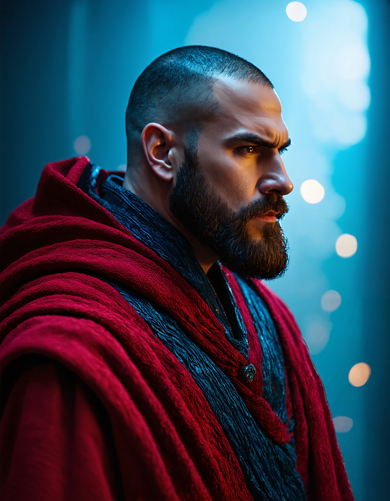 (best quality, 4K, 8K, high-resolution, masterpiece), ultra-detailed, realistic, photorealistic, portrait of a man with a beard, side profile, intense expression, shaved head, red and blue color scheme, dramatic lighting, flowing robes, abstract background, red tones, blue tones, high contrast, textured clothing, dynamic composition, high detail, high resolution, 1man, solo, side view, red robes, intense gaze., Ultimate Realism - High Detail Enhancement.safetensors