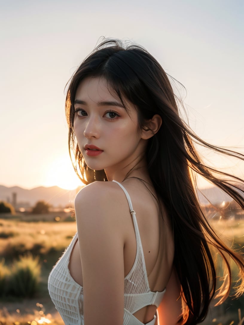 Best quality,masterpiece,ultra high res,photorealistic,raw photo,unity 8k wallpaper,panorama,cinematic lighting,on grass,sunset,dappled sunlight,golden hour lighting,backlighting,blurry background,(lens flare),wind,pastel colors,soft light,1girl,sad,upper body,black hair,straight_hair,(long hair:1.1),