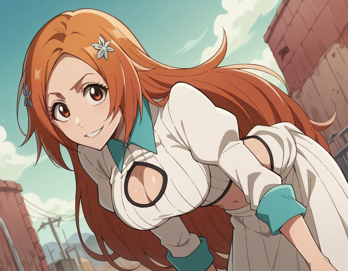 score_9, score_8_up, score_7_up, source_anime,inoueorihime, <lora:inoue-orihime-tybw-ponyxl-lora-nochekaiser:1>,inoue orihime, long hair, orange hair, brown eyes,tybwoutfit, skirt, hair ornament, navel, cleavage, midriff, clothing cutout, cleavage cutout, white skirt, long skirt, long sleeves, rolled up sleeves,outdoors, wasteland, bent over, smile,looking at viewer, cowboy shot, dutch angle, solo,