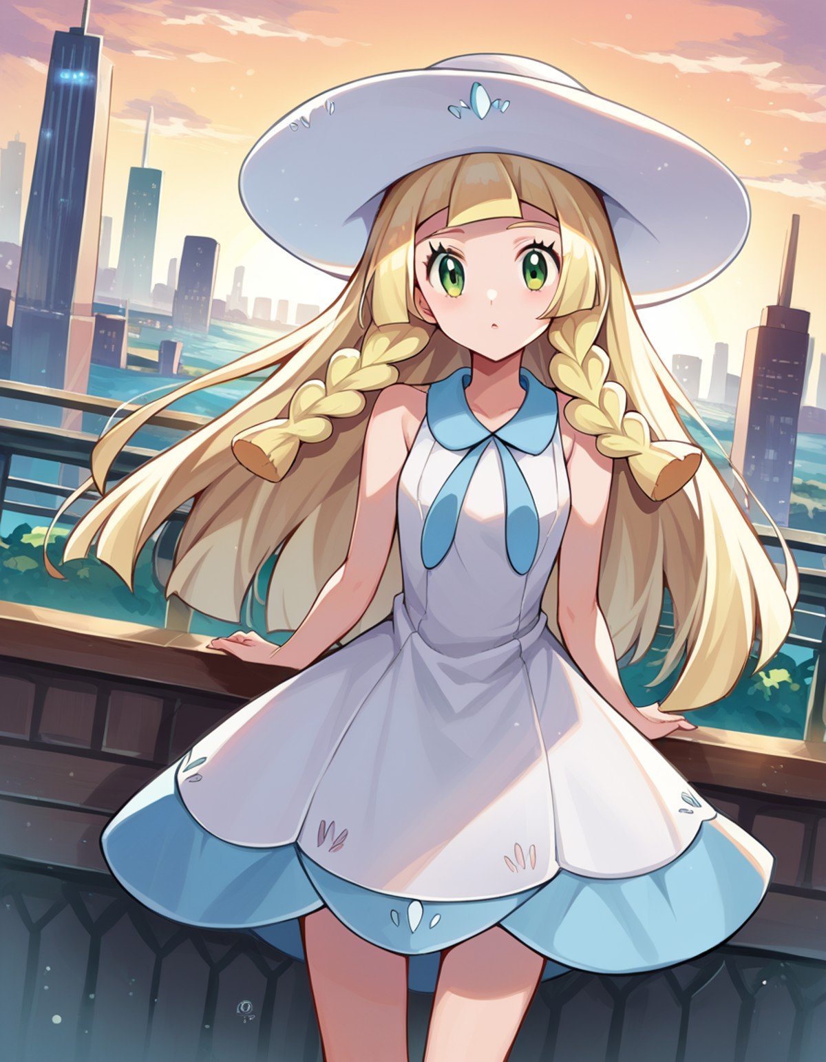 score_9, score_8_up, score_7_up, source_anime,pokemonlilie, <lora:pokemon-lilie-ponyxl-lora-nochekaiser:1>pokemonlilie, blonde hair, blunt bangs, green eyes, long hair,braid, collared dress, dress, hat, sleeveless, sleeveless dress, sun hat, sundress, twin braids, white dress, white headwear,outdoors, cityscape,looking at viewer, cowboy shot, dutch angle,