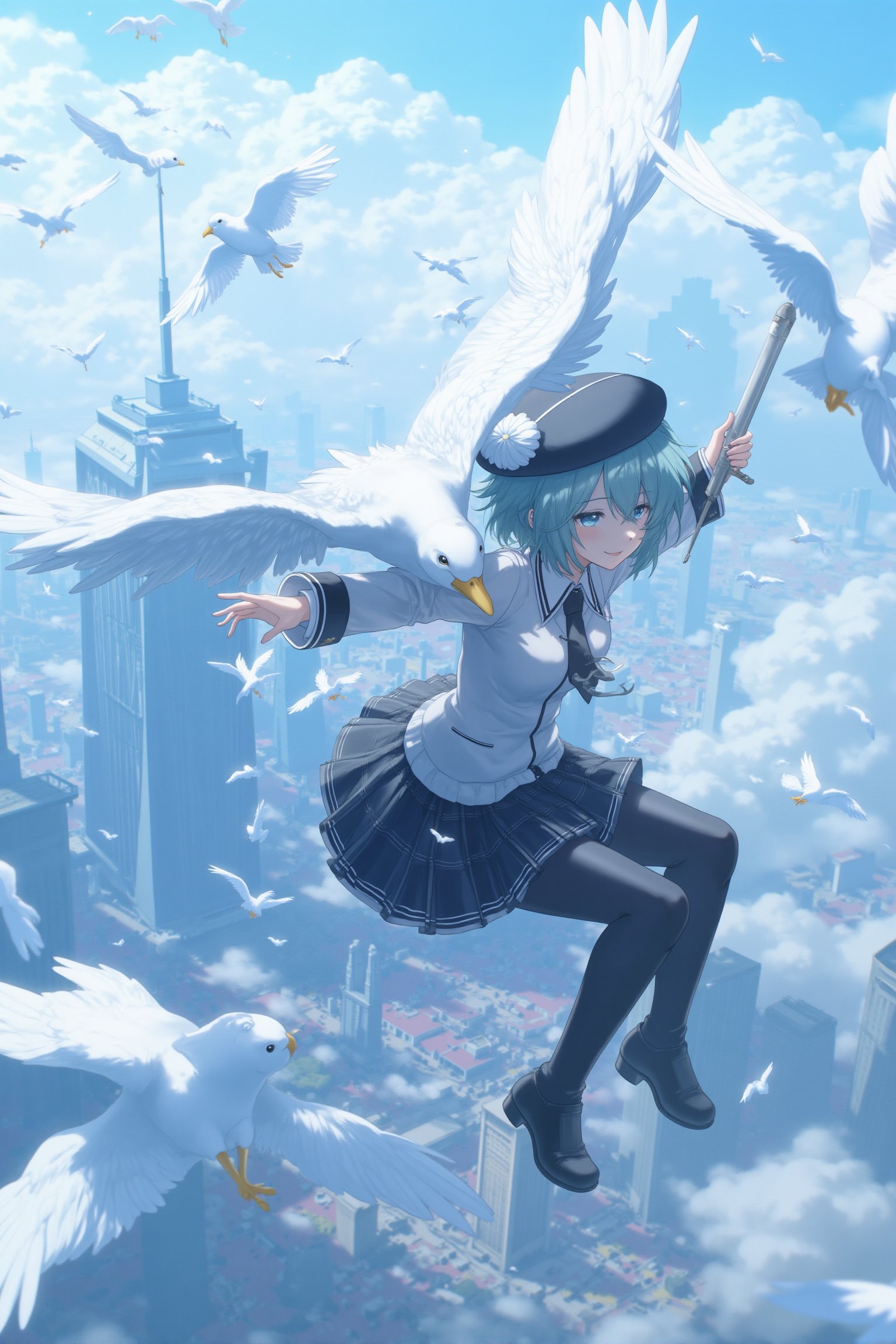 ( from above:1.3), dreamy, blurry,The image is an illustration of a young girl in a school uniform flying through the air with a large white bird on her shoulder. She is holding a sword in her right hand and appears to be in mid-air. The background shows a cityscape with tall buildings and a blue sky. The girl is wearing a black and white striped shirt, black pants, and a black hat with a white pom-pom on top. There are also several white birds flying around her, some of which are flying in the air. The overall mood of the image is playful and whimsical, best quality,  <lora:AnimeLight-v2-000103:0.7>