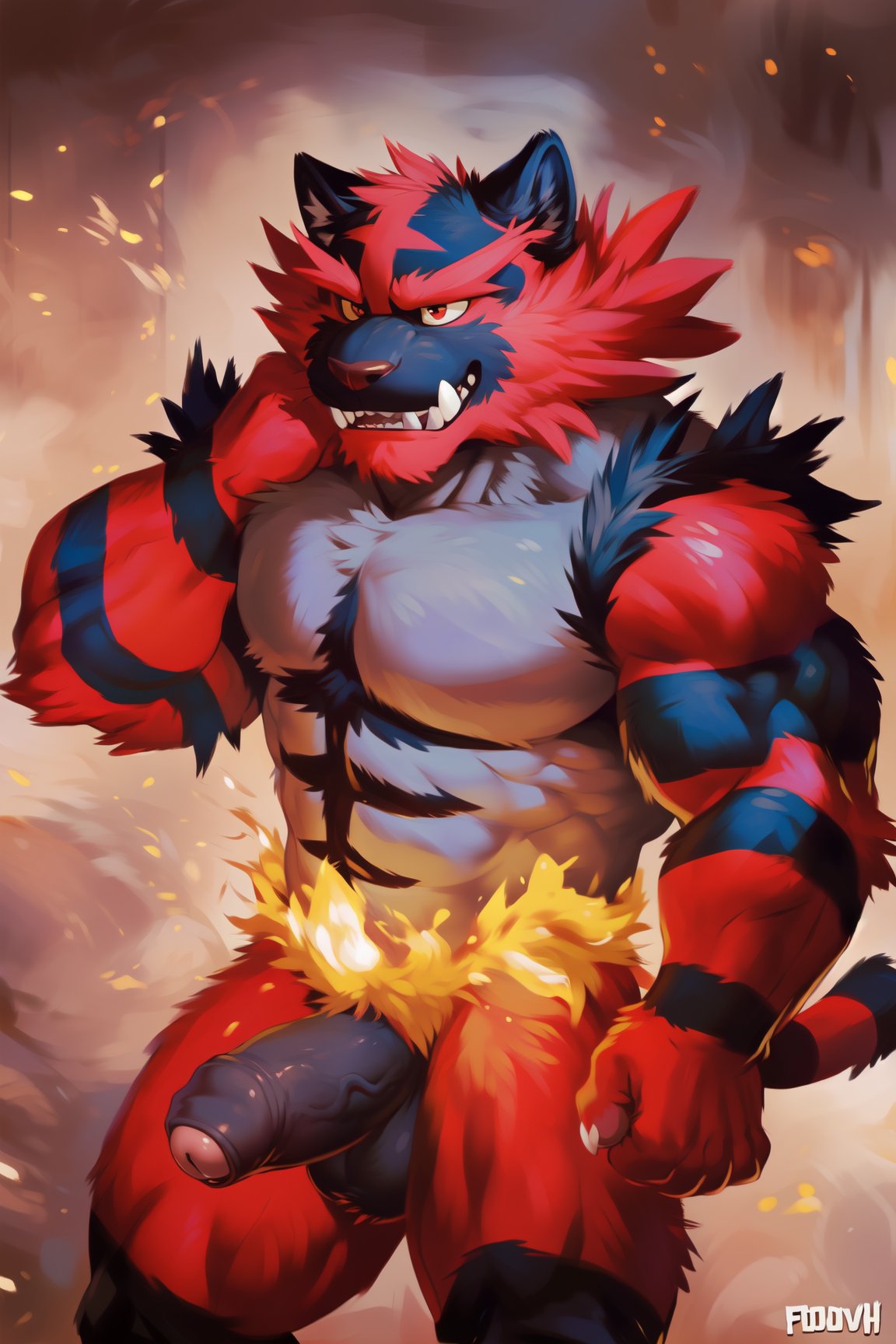 (by hioshiru, by foxovh, by null-ghost, by adios, by darkgem), male, incineroar, felid, feline, red eyes, two tone body, markings, fangs, presenting penis, humanoid penis, foreskin,