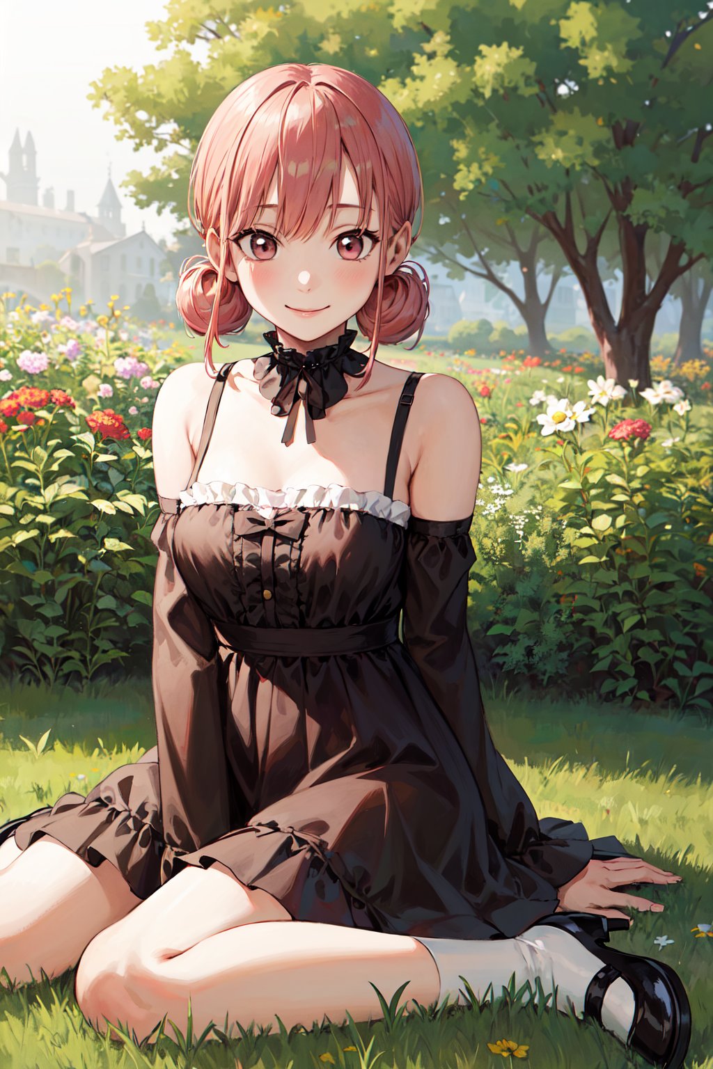 masterpiece, best quality, highres, 1girl, solo, short hair, double bun, pink hair, brown eyes, <lora:chono_hina_v1:0.7>, frilled dress, gothic, garden, wariza, smile, grass