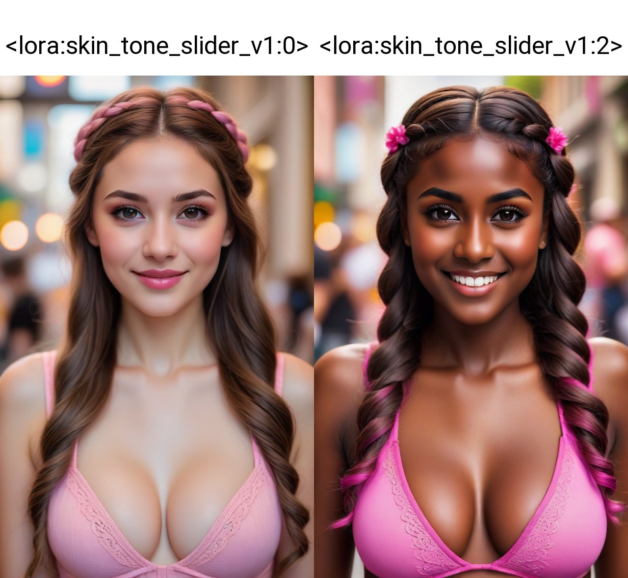 (best quality,4k,8k,highres,masterpiece:1.2),ultra-detailed,photorealistic, photography, 1girl,long hair,looking at viewer,smile,brown hair,brown eyes,medium breasts,pink bra,upper body,braid,lips,hair over shoulder,realistic  <lora:skin_tone_slider_v1:0>