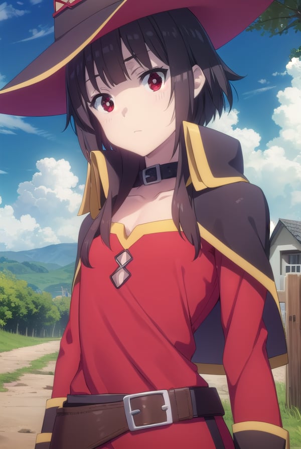 konosubamegumin, <lora:konosuba megumin movie-lora-nochekaiser:1>, megumin, short hair, black hair, (red eyes:1.3), short hair with long locks,BREAK thighhighs, gloves, hat, dress, black gloves, belt, black thighhighs, fingerless gloves, cape, collar, witch hat, bandages, red dress, single thighhigh, asymmetrical legwear, bandaged leg,BREAK outdoor, forest, nature, trees, village, sky, sun, clouds,BREAK looking at viewer, (cowboy shot:1.5),BREAK <lyco:GoodHands-beta2:1>, (masterpiece:1.2), best quality, high resolution, unity 8k wallpaper, (illustration:0.8), (beautiful detailed eyes:1.6), extremely detailed face, perfect lighting, extremely detailed CG, (perfect hands, perfect anatomy),