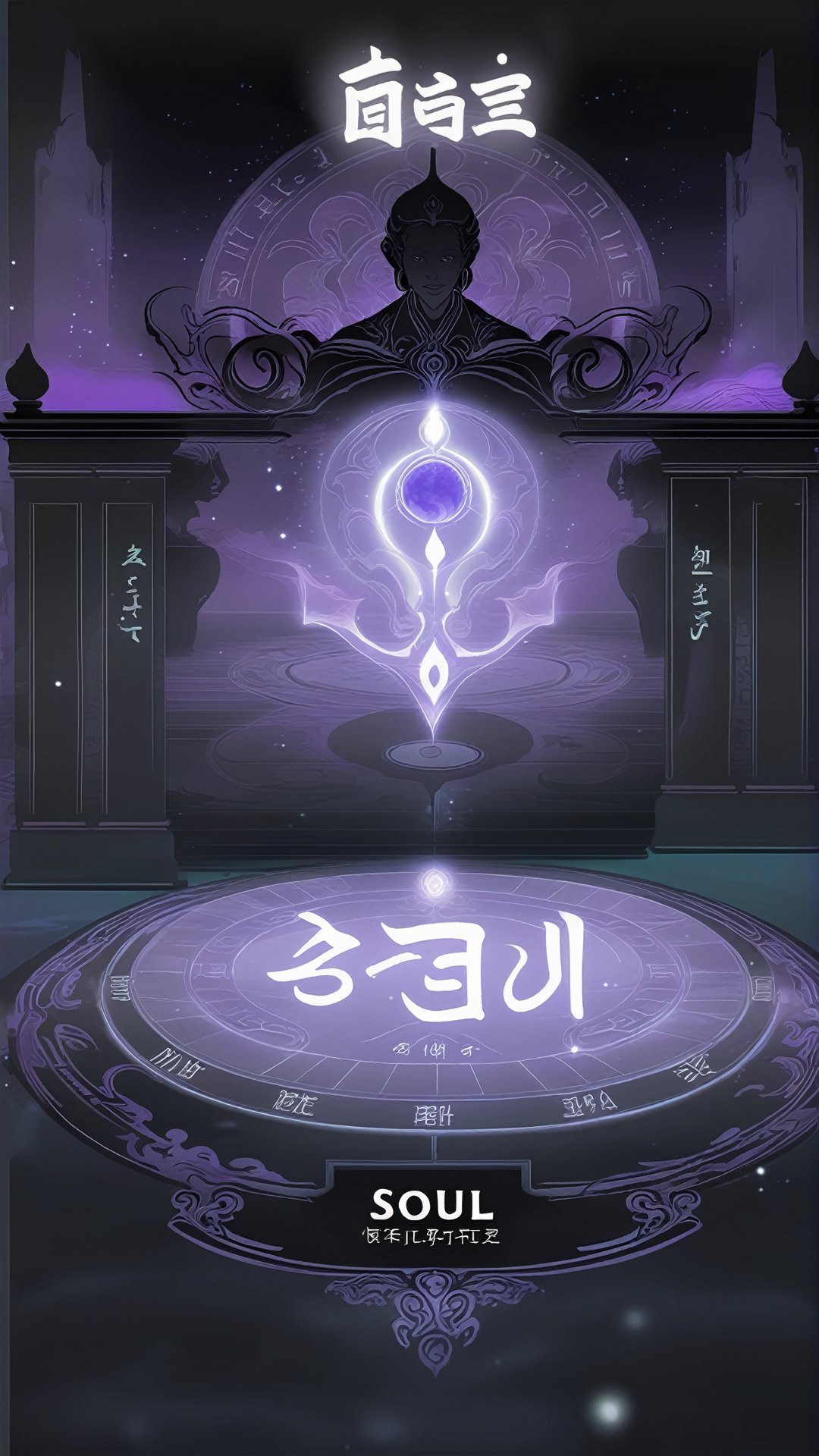 The background of the interface of soul trial activity is the soul field of ink style,surrounded by soul light and shadow and dark atmosphere,creating a mysterious and dignified atmosphere. In the background,there are detailed depictions of the pool of souls and the mysterious trial table,demonstrating the mystery and challenge of soul trials. At the top of the interface is a purple-black banner that reads "Soul Trials" in deep,running letters with a mysterious glow effect,<lora:sdxl_21shuimojiemian:0.6>,