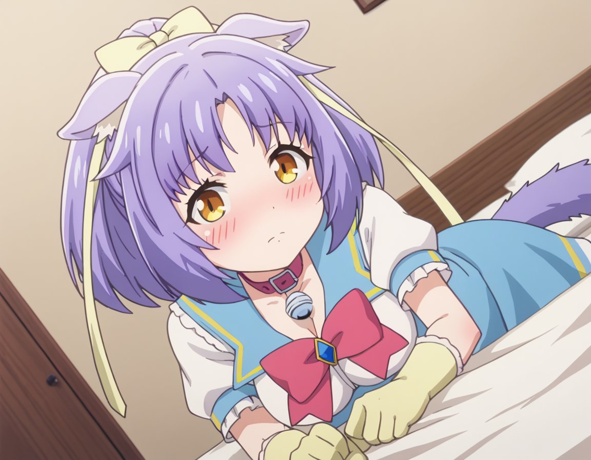 score_9, score_8_up, score_7_up, source_anime,nekoparacinnamon, <lora:nekopara-cinnamon-s1-ponyxl-lora-nochekaiser:1>,cinnamon, short hair, animal ears, yellow eyes, purple hair, cat ears,gloves, bow, ribbon, cleavage, tail, hair ribbon, short sleeves, collar, cat tail, bell, jingle bell, neck bell, yellow gloves,indoors, bed, bed room, on side, blush, drunk,looking at viewer, solo, cowboy shot, dutch angle,