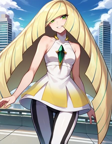 score_9, score_8_up, score_7_up, source_anime,pokemonlusamine, <lora:pokemon-lusamine-ponyxl-lora-nochekaiser:1>pokemonlusamine, blonde hair, green eyes, hair over one eye, long hair, multicolored hair, streaked hair, very long hair, smile,bare arms, diamond \(shape\), dress, gem, green gemstone, leggings, short dress, sleeveless, sleeveless dress, white dress, white leggings,outdoors, cityscape,looking at viewer, dutch angle, cowboy shot, 