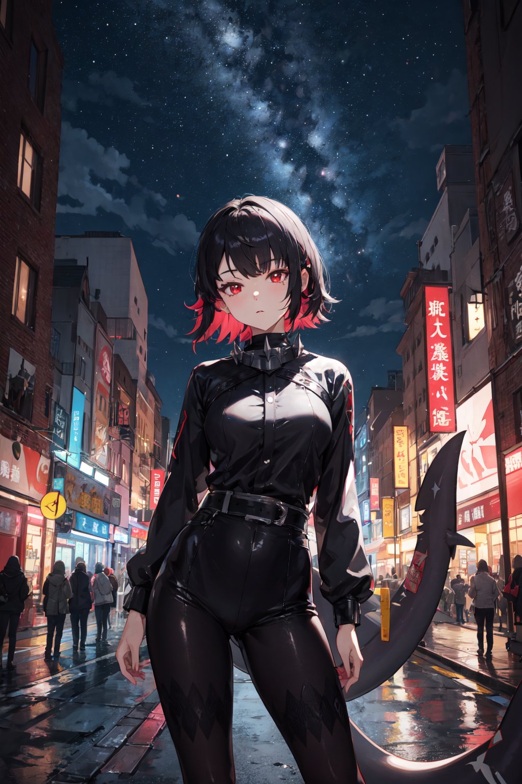 <lora:Ellen-000010:0.8>,Ellen CYQL,1girl,looking at viewer,solo,shark girl,short hair,black hair,red hair,multicolored hair,colored inner hair,red eyes,tail,shark tail,,smirk,upper_body,City light show, Illumination, Night view, Spectacle, Beauty,(Bonsai trees, Moss, Gravel pathways, Raked sand, Tranquility, Meditation:0.5),beautiful detailed sky,beautiful detailed glow,posing in front of a colorful and dynamic background,masterpiece,best quality,beautiful and aesthetic,contrapposto,female focus,wallpaper,