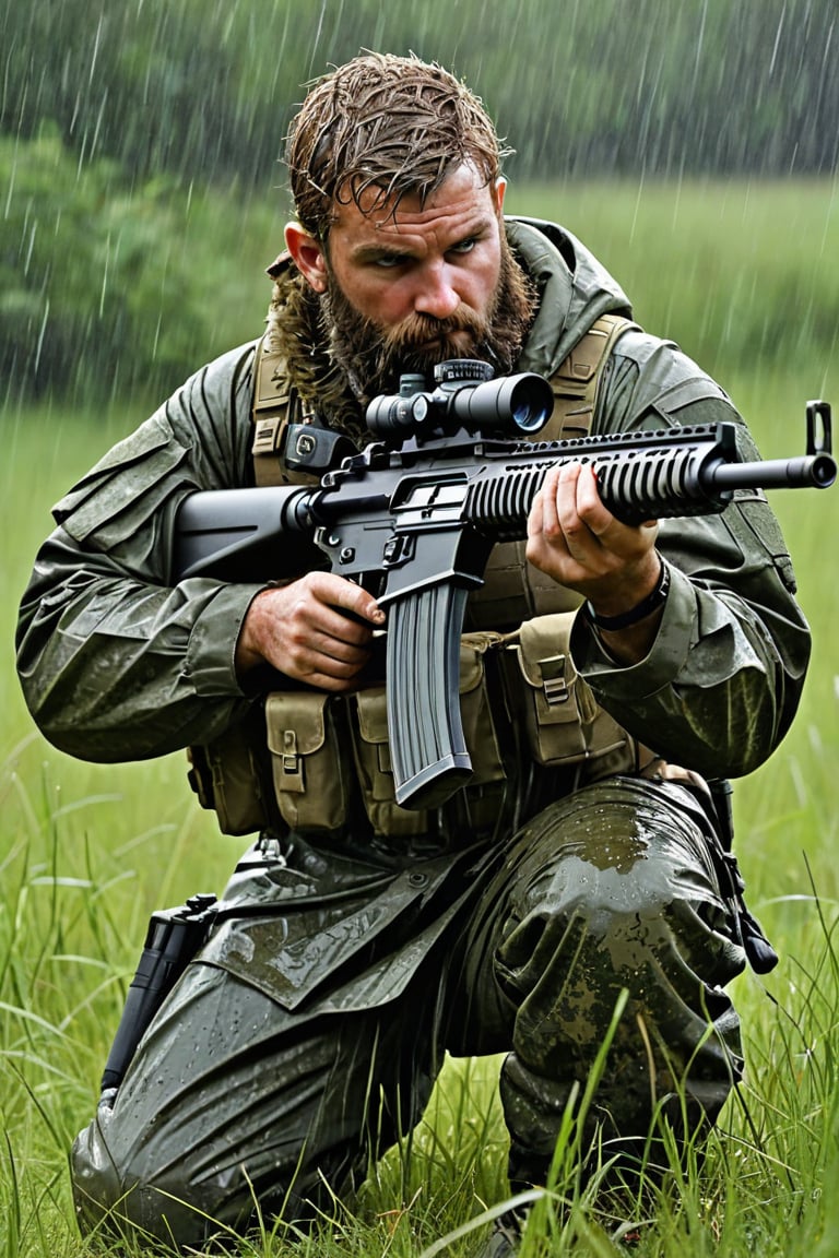 The sniper is difficult to recognize because he is wearing a ghillie suit for camouflage and preparing to shoot while lying down in the grass that is much taller than his height.Even during a torrential downpour,  the ghillie suit and beard are soaked with rainwater and water is flowing down.M110 SASS sniper rifle.Ultra-detailed,  ultra-realistic,  full body shot,  very Distant view, aw0k euphoric style, photo r3al,<lora:EMS-57135-EMS:0.400000>,<lora:EMS-24184-EMS:0.800000>,<lora:EMS-74471-EMS:0.400000>
