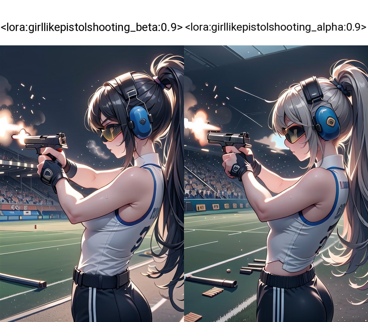 ((pistol shooting)), ((firing range)), (holding air handgun), outstretched arm, muzzle flash, aiming at viewer and target, player uniform, sleeveless, sports shorts, ear defenders, fingerless gloves, olympic games venue, wind, steam, sweat, shadow, 1girl, big tits, profile, standing, (((dark tinted eyewear))), <lora:girllikepistolshooting_beta:0.9>