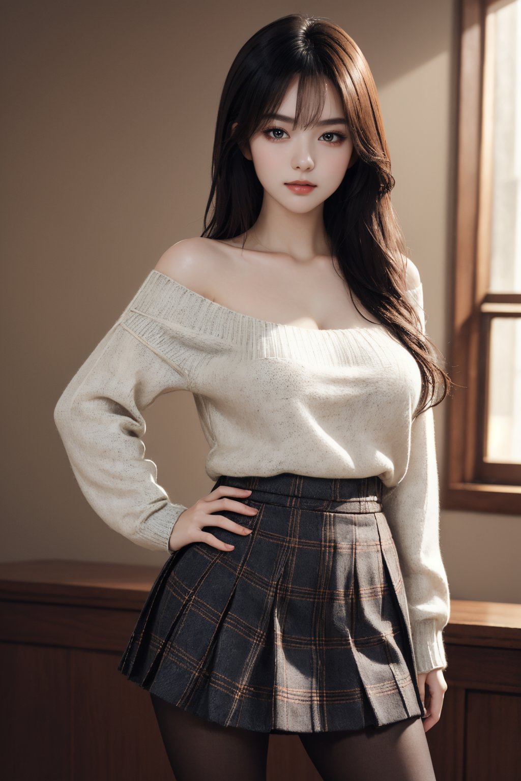 masterpiece,best quality,highly detailed,Amazing,finely detail,extremely detailed CG unity 8k wallpaper,score:>=60,1girl,hand on hip,upper body,maoyi,sweater,looking at viewer,standing,plaid skirt,pantyhose,