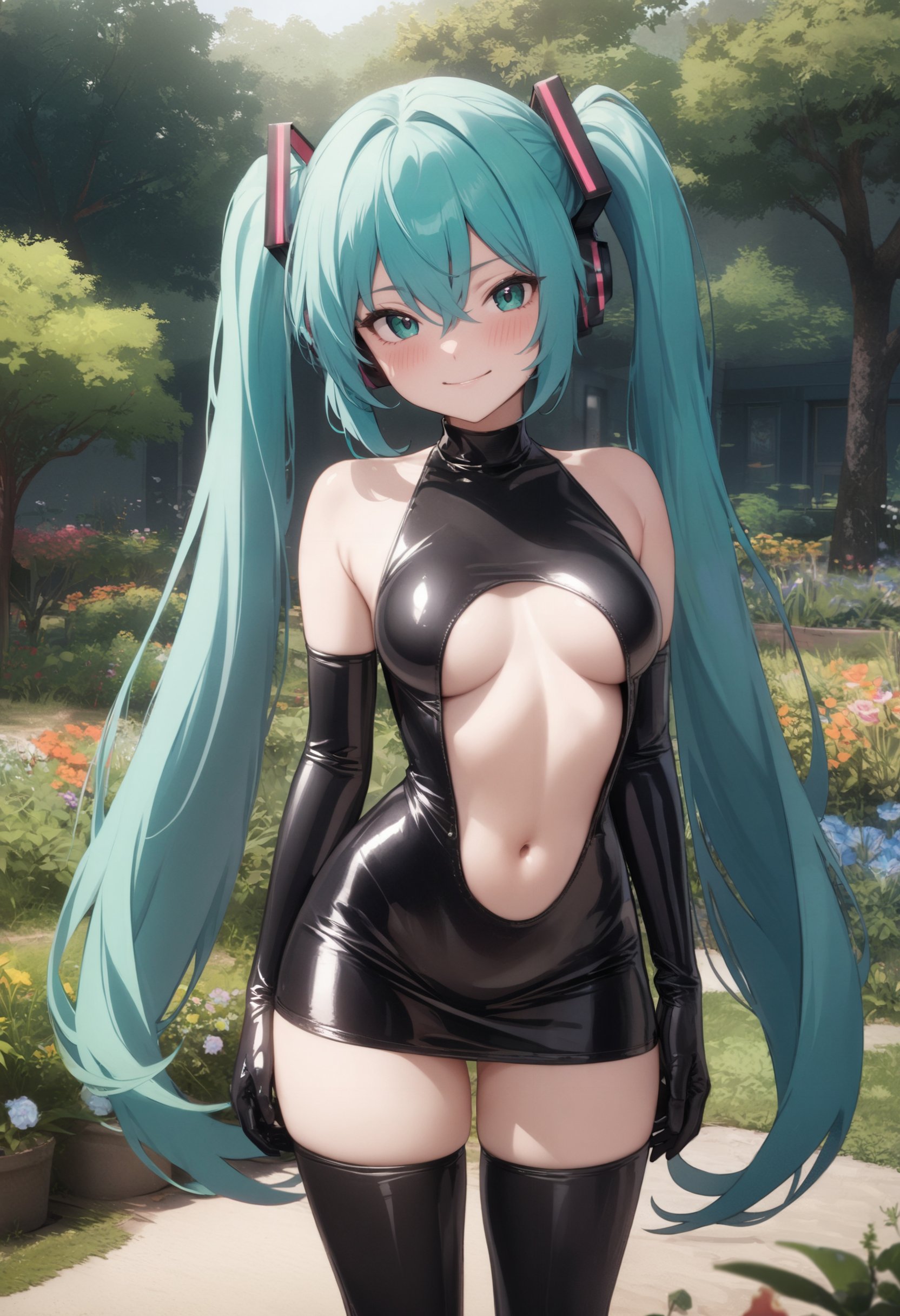 1girl, masterpiece, best quality, very aesthetic, absurdres, hatsune miku, black latex princess, thighhighs, elbow gloves, breasts apart, medium breasts, latex skirt,standing, cowboy shot, garden, grass, tree,  <lora:latex-princess-ot6-ani-1300:0.8>