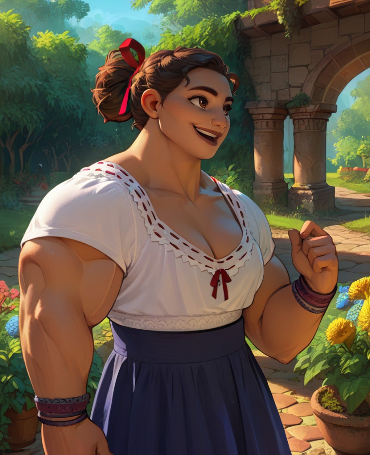 score_9,score_8_up,score_7_up,score_6_up,Luisaxl,brown hair,hair bun with red ribbon,brown eyes,smile,muscular,open mouth,smile,cleavage,blue skirt,bracelets,white top,garden,stone bridge,morning,<lora:LuisaENC:0.9>,