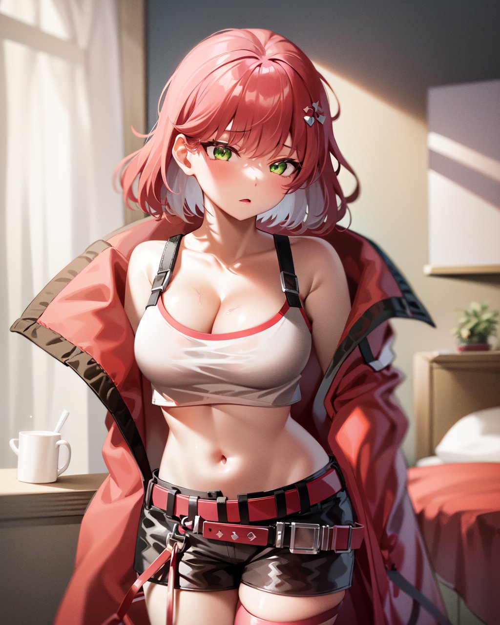 1girl, kisikilslf1, pink hair, green eyes, short hair, large breasts,white tank top, midriff, shorts, pink belt, asymmetrical legwear, oversized pink jacket,indoors, bedroom,<lora:kisikilv2-000006:0.8>