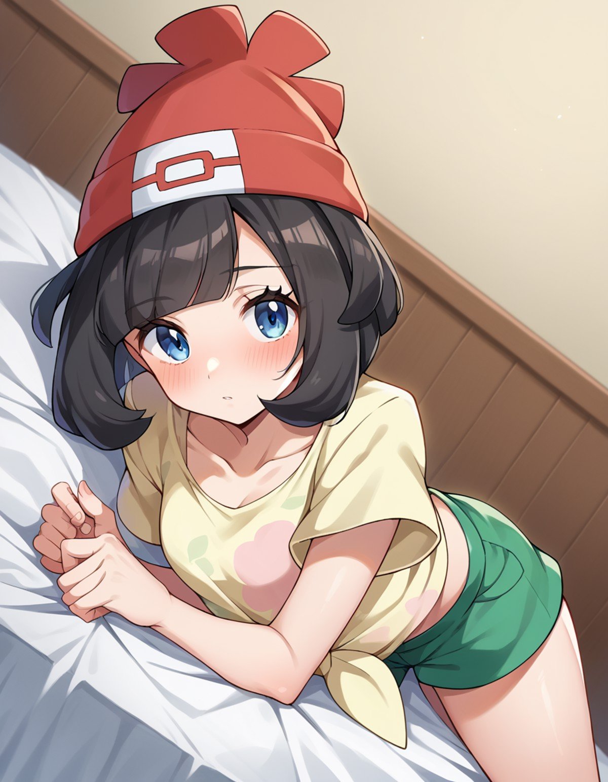 score_9, score_8_up, score_7_up, source_anime,pokemonselene, <lora:pokemon-selene-ponyxl-lora-nochekaiser:1>pokemonselene, black hair, blue eyes, short hair, bangs, blunt bangs,beanie, collarbone, green shorts, hat, red headwear, shirt, short sleeves, shorts, tied shirt, yellow shirt,indoors, bed, bed room, on side, blush, drunk,looking at viewer, cowboy shot, dutch angle,