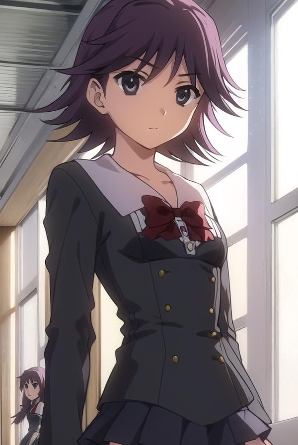 natsumikoizumi, <lora:natsumi koizumi s1-lora-nochekaiser:1>,natsumi koizumi, short hair, purple hair, (black eyes:1.5),BREAK skirt, thighhighs, school uniform, shoes, black thighhighs, zettai ryouiki, bow, red bow,BREAK indoors, classroom,BREAK looking at viewer, (cowboy shot:1.5),BREAK <lyco:GoodHands-beta2:1>, (masterpiece:1.2), best quality, high resolution, unity 8k wallpaper, (illustration:0.8), (beautiful detailed eyes:1.6), extremely detailed face, perfect lighting, extremely detailed CG, (perfect hands, perfect anatomy),