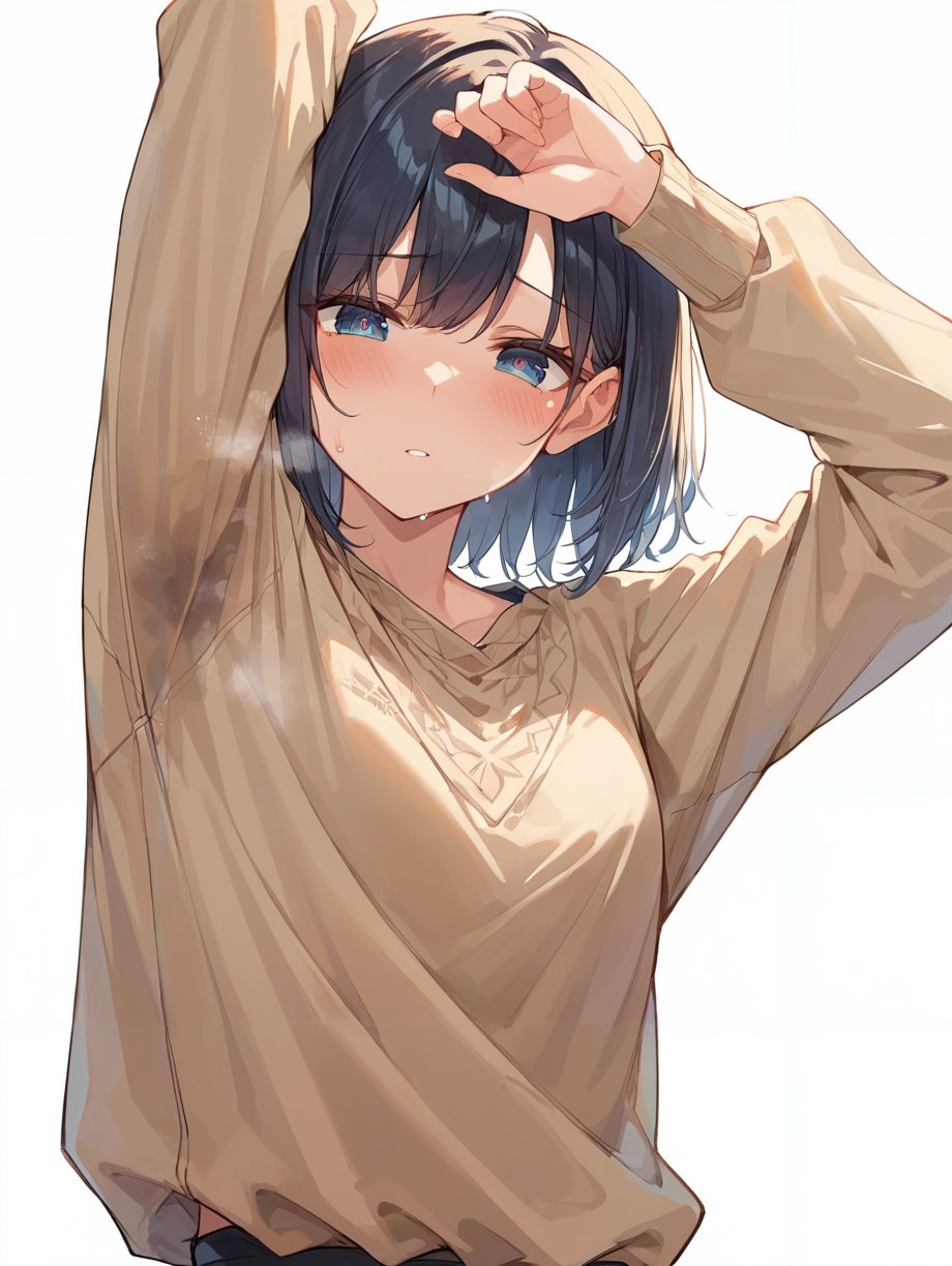 score_9, score_8_up, score_7_up,source_anime, high res image,masterpiece,best quality,(woman:1.0),cute face,clear skin,shiny hair,ultra detailed eyes,simple background,  <lora:armpits smell check_pony_V1.0:0.6> armpits smell check, arm up, sniff, blush,sweat,long sleeves