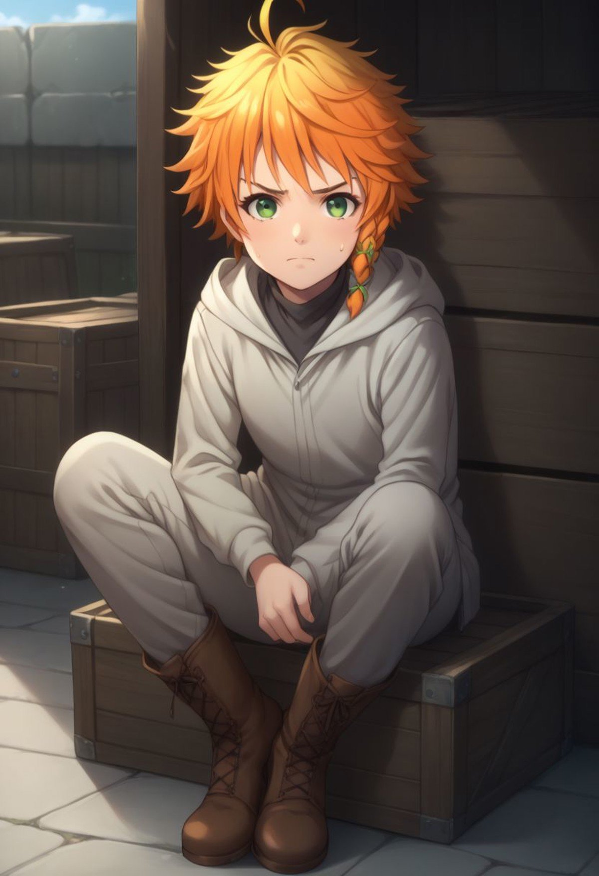 score_9, score_8_up, score_7_up, source_anime, highly detailed, emma, 1girl, green eyes, solo, orange hair, hood, braid, short hair, looking at viewer, sweatdrop, hood down, side braid, frown, pants, boots, brown boots, outdoor, crates, sit on crate, bow, quiver,