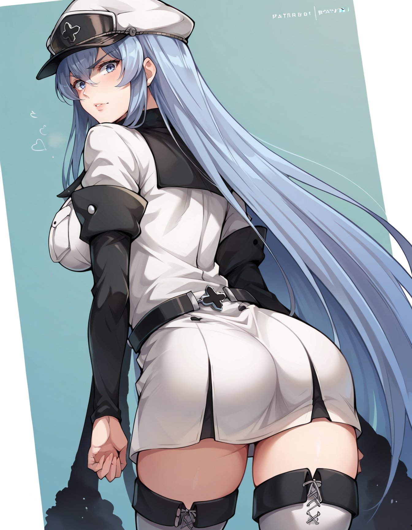 score_9, score_8_up, score_7_up, score_6_up, score_5_up, score_4_up, BREAK source_anime,  <lora:Esdeath:0.9>, Esdeath, from behind, looking back