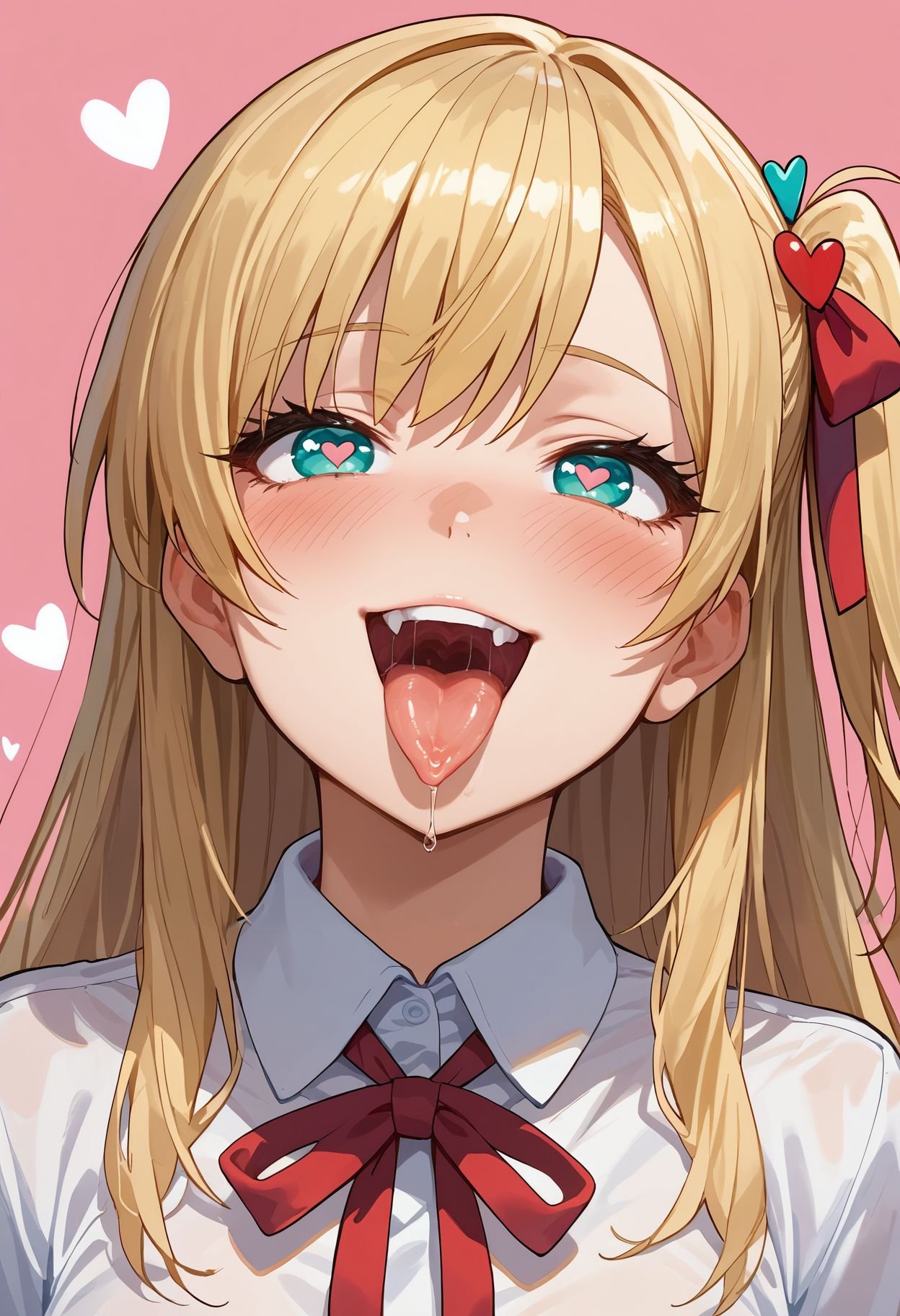 score_9,score_8_up,score_7_up, 1girl, aqua eyes, blonde hair, blush, eyelashes, hair ornament, heart, heart-shaped pupils, heart background, heart hair ornament, long hair, looking at viewer, one side up, open mouth, pink background, portrait, red ribbon, ribbon, saliva, shirt, sidelocks, smile, solo, symbol-shaped pupils, teeth, tongue, tongue out, upper teeth only