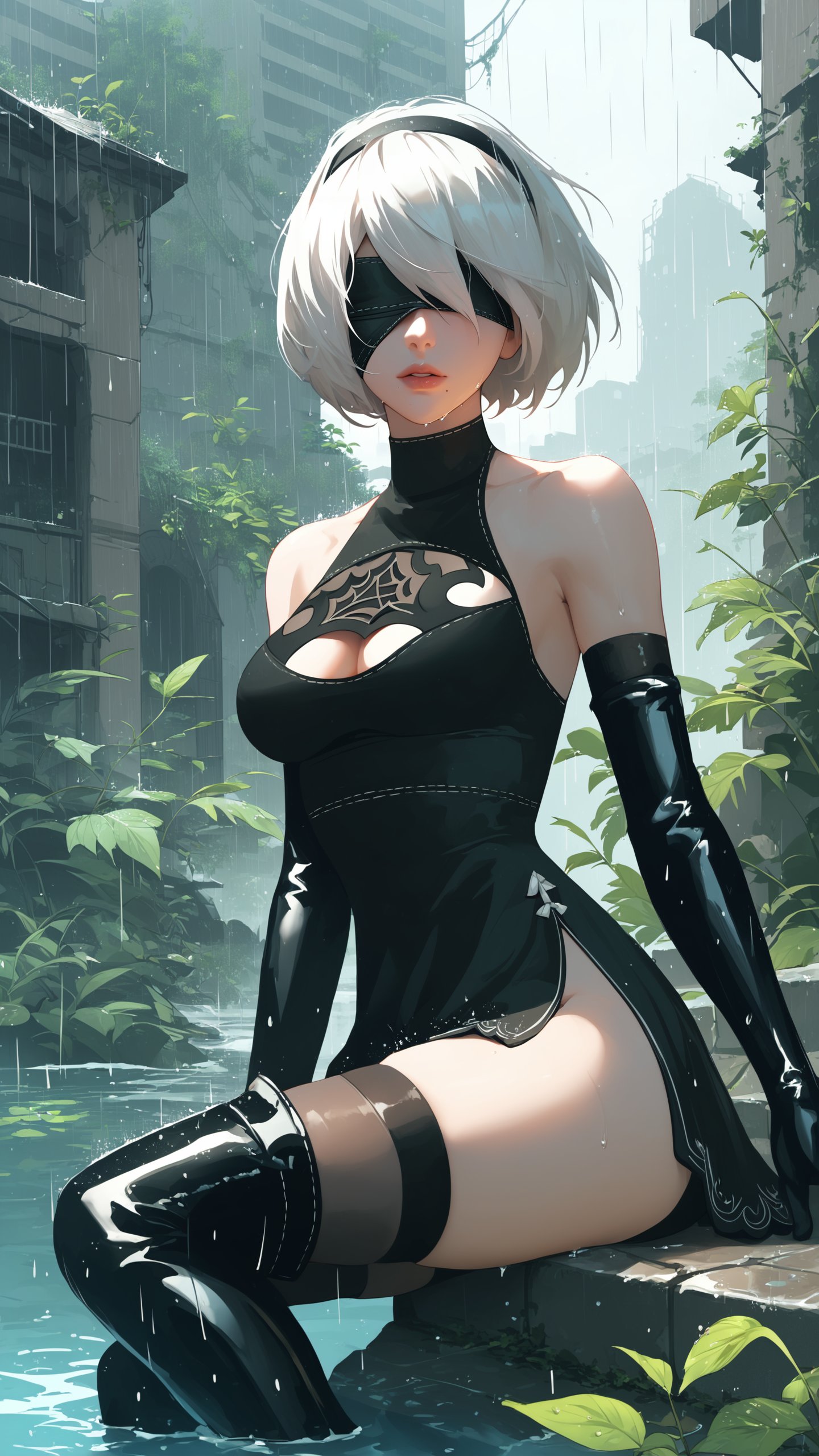 score_9, score_8_up, score_7_up, 1girl, solo, breasts, short hair, thighhighs, gloves, dress, cleavage, bare shoulders, medium breasts, sitting, white hair, hairband, boots, outdoors, black gloves, elbow gloves, black thighhighs, water, mole, black dress, clothing cutout, thigh boots, black hairband, plant, building, mole under mouth, rain, blindfold, ruins, covered eyes, black blindfold, overgrown, post-apocalypse, yorha no. 2 type b