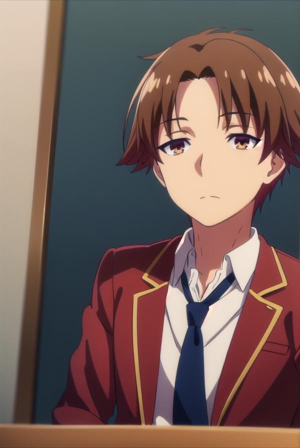 kiyotakaayanokouji, <lora:kiyotaka ayanokouji s2-lora-nochekaiser:1>,kiyotaka ayanokouji, brown hair, (brown eyes:1.5), male focus, (parted bangs:1.5), short hair,BREAK school uniform, jacket, necktie, blazer, blue necktie, shirt, white shirt, collared shirt, (red blazer:1.5),BREAK indoors, classroom,BREAK looking at viewer, (cowboy shot:1.5),BREAK <lyco:GoodHands-beta2:1>, (masterpiece:1.2), best quality, high resolution, unity 8k wallpaper, (illustration:0.8), (beautiful detailed eyes:1.6), extremely detailed face, perfect lighting, extremely detailed CG, (perfect hands, perfect anatomy),