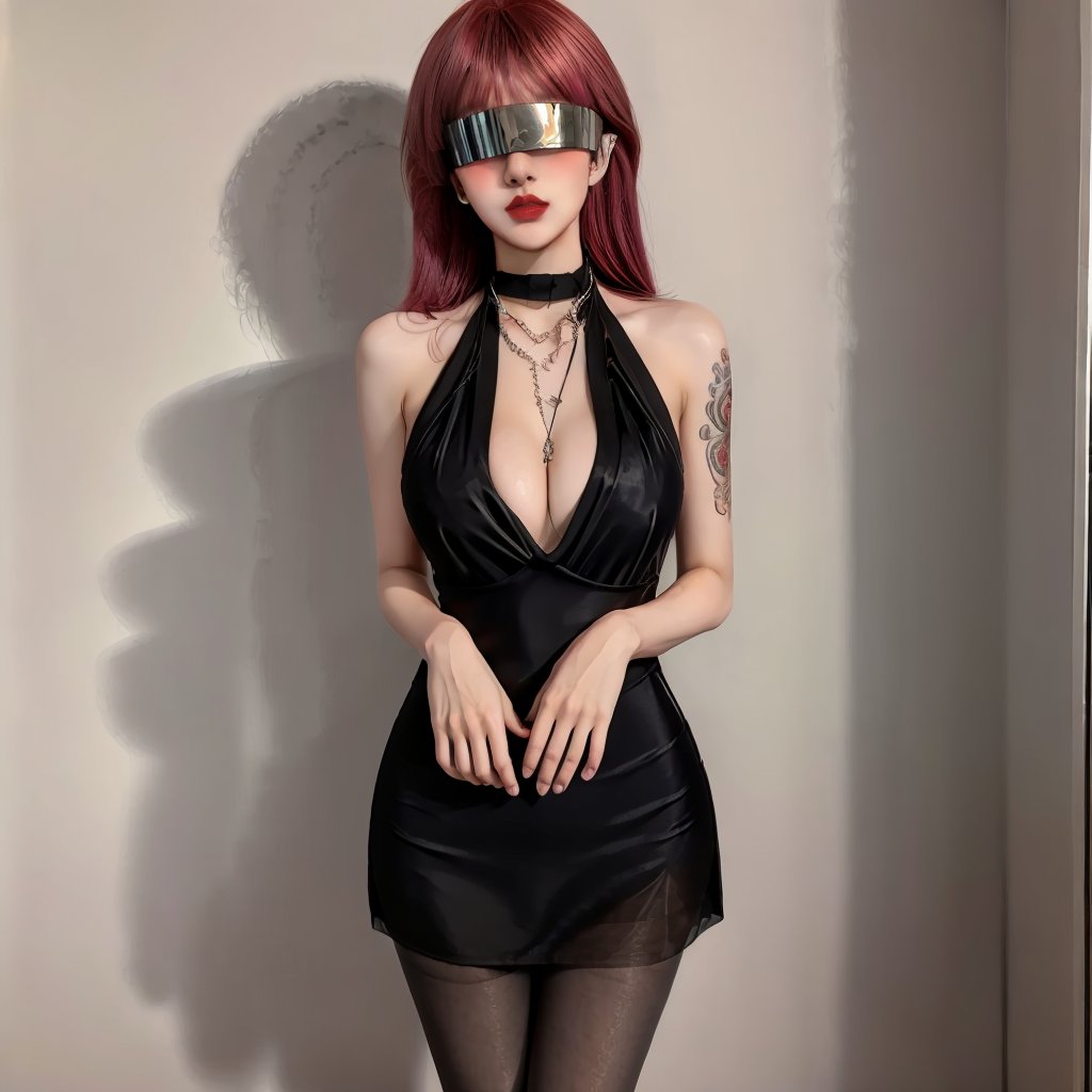 1girl,fair_skin,glamor,slender face,multicolored hair,makeup,fundoshi,eyeshadow,lipstick,light_blush,tattoo,ear_ornament,blindfold,(large breasts),bare shoulders,((standing)),((halter dress)),((black_pantyhose)),<lora:giao-000010:0.8>,<lora:FF_Girl丨多风格lora_v1.0:0.6>,