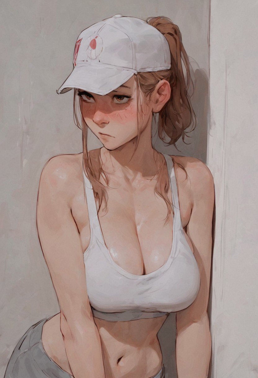 score_9, score_8_up, score_7_up, score_6_up, rated_safe, 1girl,  leaning on wall, sexy face, ponytail hairstyle, wearing cap, sexy , cute face , kawai girl, bangs, long hair, hazel eyes, look away, shy , nose blush, large saggy boobs, cleavage, chest up, white sports bra, boob focus , pov , bubble boobs , close up