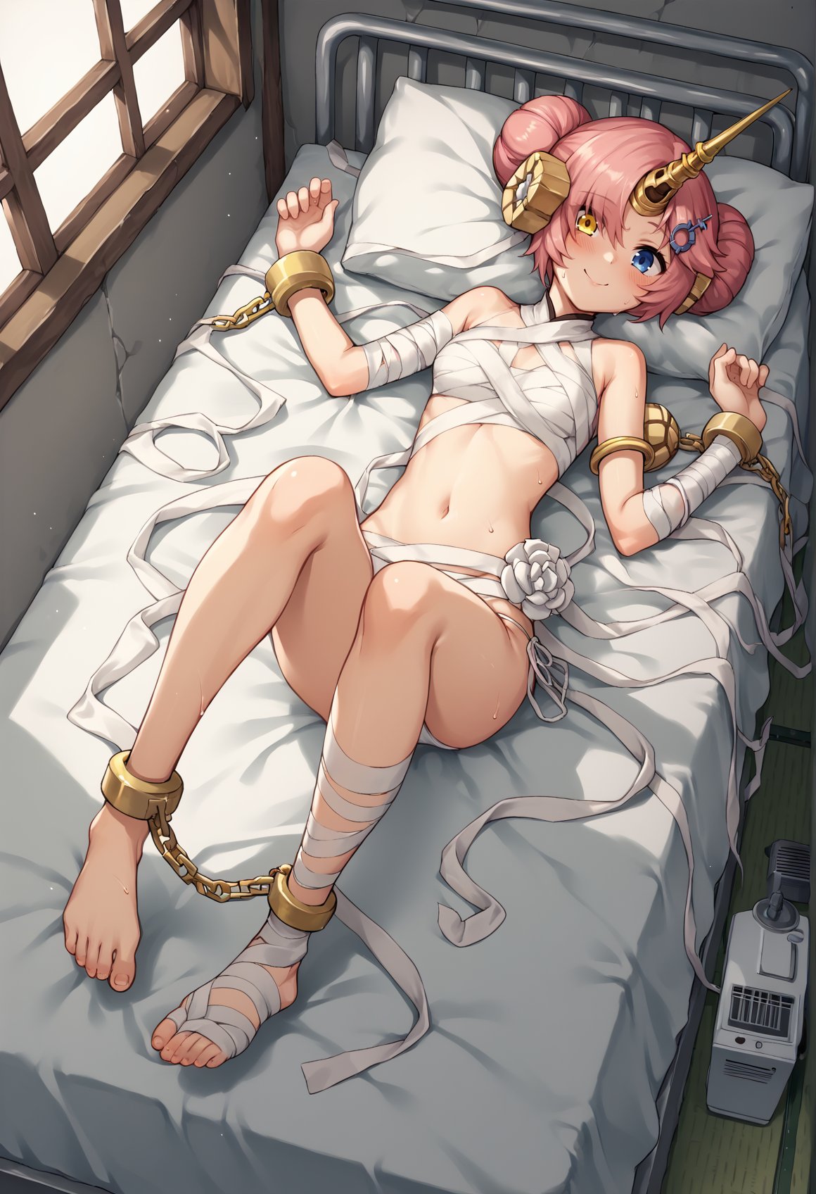 pink hair, hair bun, double bun, heterochromia, blue eyes, yellow eyes, hair over one eye, single horn, mechanical horn, hair ornament, hairpin, bandages, flower, white bikini, sarashi, jewelry, asymmetrical sleeves, shackles, chain, laying, on bed, bedroom, air air conditioner, sweat, evil smile, on back, looking at viewer, blushing, full body <lora:Fran:1>, score_9, score_8_up, score_7_up, score_6_up, score_5_up, score_4_up, BREAK source_anime, masterpiece